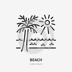 Beach flat line icon. Vector sign of sea, palm and sun, summer resort oline logo photo