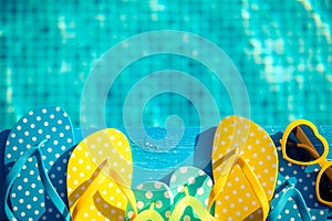 Beach flip-flops and sunglasses on blue wood against water background