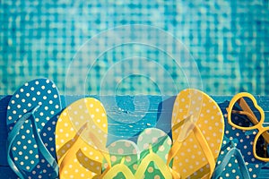 Beach flip-flops and sunglasses on blue wood against water background