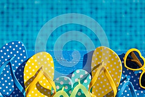 Beach flip-flops and sunglasses on blue wood against water background