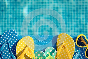 Beach flip-flops and sunglasses on blue wood against water background