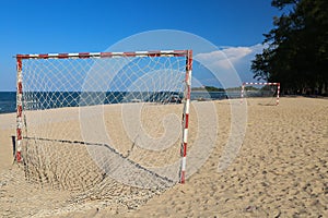 Beach football pitch on a sunny day, popular sport on the beach