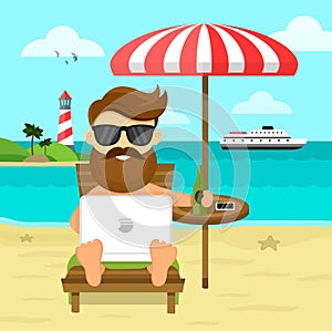 On the beach freelance Work & Rest flat illustration. Business Man Freelance Remote Working Place Businessman In