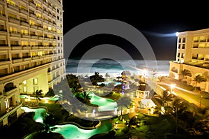 Beach front hotel at night