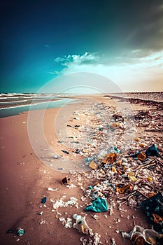 Beach full of garbage covered with plastic and contamination