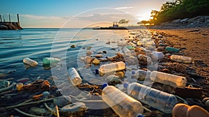 Beach full of garbage and plastic waste as wide