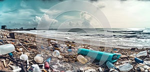 Beach full of garbage and plastic waste. Generative AI
