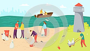 Beach with garbage, people clean environment vector illustration. Volunteer character pick up trash from nature ecology.