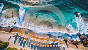Beach getaway: Umbrella-studded sands, waves seen from a high perspective.