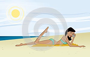 Tan Sunbathing Girl at the Beach Talking on Her Phone Vector Illustration Cartoon