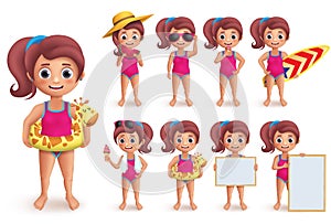 Beach girl vector character set. Summer girl doing outdoor beach activities like swimming