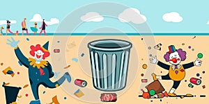 Beach goers clown throwing rubbish everywhere vector graphics illustration