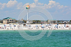 Beach goers at Pensacola Beach in Escambia County, Florida on the Gulf of Mexico, USA
