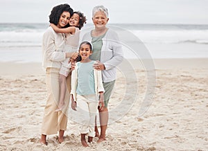 Beach, grandma or portrait of mom with happy kids in nature on family holiday vacation in New Zealand. Travel, hug or
