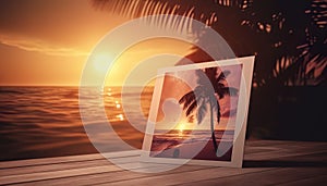 Beach greeting card with dreamy design, palm trees and beautiful sunset view for romantics