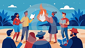 At the beach a group of friends gather around a bonfire their voices raised in unison as they read aloud patriotic poems photo