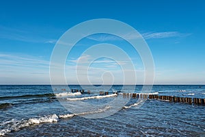 Beach with groynes on the Baltic Sea coast in Graal-Mueritz, Germany