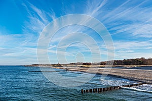 Beach with groynes on the Baltic Sea coast in Graal-Mueritz, Germany