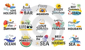 Beach hand drawn stickers. Summer holidays labels with lettering and tropical elements, sun waves and ice cream. Vector