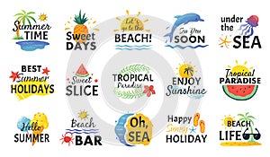 Beach hand drawn stickers. Summer vacation doodle labels, tropical travel logos and icons. Vector party card sketch set