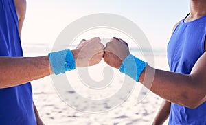 Beach, hands or men fist bump for teamwork, partnership or unity in fitness or sports community together. Volleyball