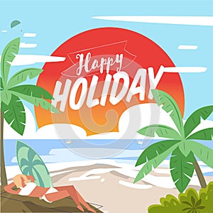 Beach with happy holiday calligraphy - vector illustration