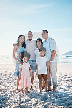 Beach, happy and portrait of a big family on a vacation, adventure or weekend trip for summer. Smile, bonding and