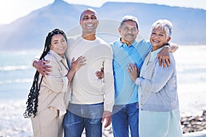 Beach, happy and portrait of parents or family on vacation at a tropical holiday location for love and care together