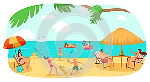 Beach happy summer family vacation at sea, vector illustration. Fun father mother girl boy people travel at holiday