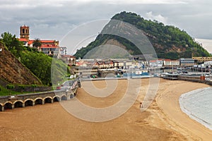 Beach, harbor and mount of St. Anton, Getaria, Guipuzcoa, Spain