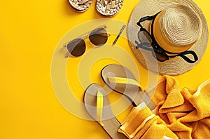 beach hat, flipflops, sunglasses, towels and umbrellas on a yellow