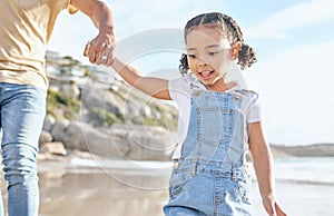 Beach, holding hands and child walking outdoor in sunshine for summer, holiday travel or vacation with family or father