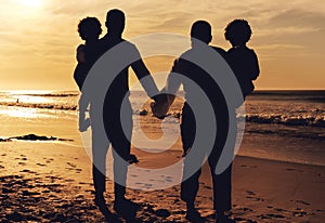 Beach, holding hands and family in sunset silhouette for summer vacation, holiday and travel love with children. Parents