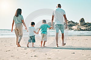 Beach, holding hands and rear view of family walking at the sea, fun and travel on blue sky background. Behind, love and