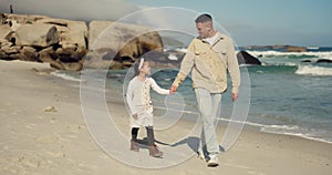 Beach, holding hands and walking father, happy child and family bond on sea shore journey, holiday or tropical island