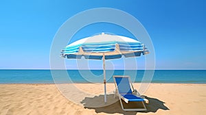 Beach holiday lounging chairs under sun umbrella vacation background