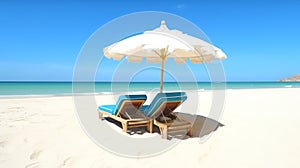 Beach holiday lounging chairs under sun umbrella vacation background