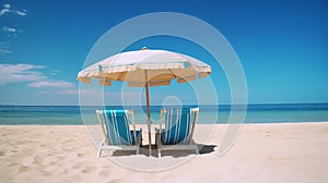 Beach holiday lounging chairs under sun umbrella vacation background