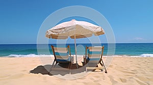 Beach holiday lounging chairs under sun umbrella vacation background