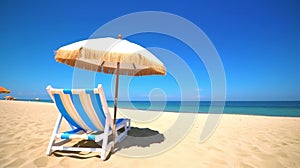 Beach holiday lounging chairs under sun umbrella vacation background