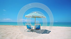 Beach holiday lounging chairs under sun umbrella vacation background