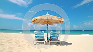 Beach holiday lounging chairs under sun umbrella vacation background