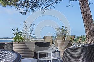 Beach holidays concept: wicker chairs, plants on the terrace in front of the sea and blue sky on sunny day