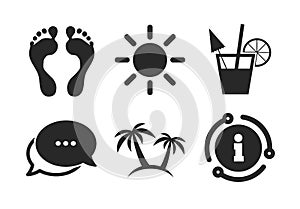 Beach holidays icons. Cocktail, human footprints. Vector