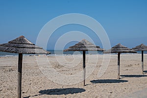 Beach holidays on sandy beach, waterfront relaxation with sun umbrella in Katwijk-on-zee, North sea, Netherlands