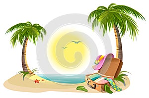 Beach holidays on summer vacations. Tropical sun, sea, palm trees, sand and open suitcase