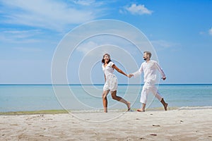 beach honeymoon travel, tropical vacation for couple, holidays on the sea, man and woman walking together