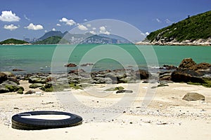 Beach with Hong Kong skyline