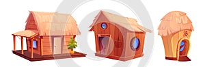 Beach house cartoon. Straw and wood island hut