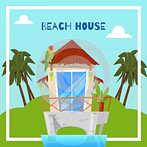 Beach house on island in tropics, bungalow for summer vacation vector illustration with sand, palms and parrots.